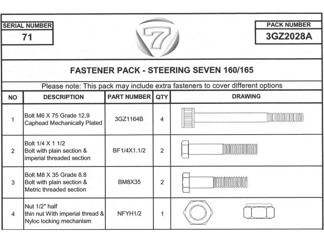 HARDWARE PACK STEERING METRIC SEVEN 160